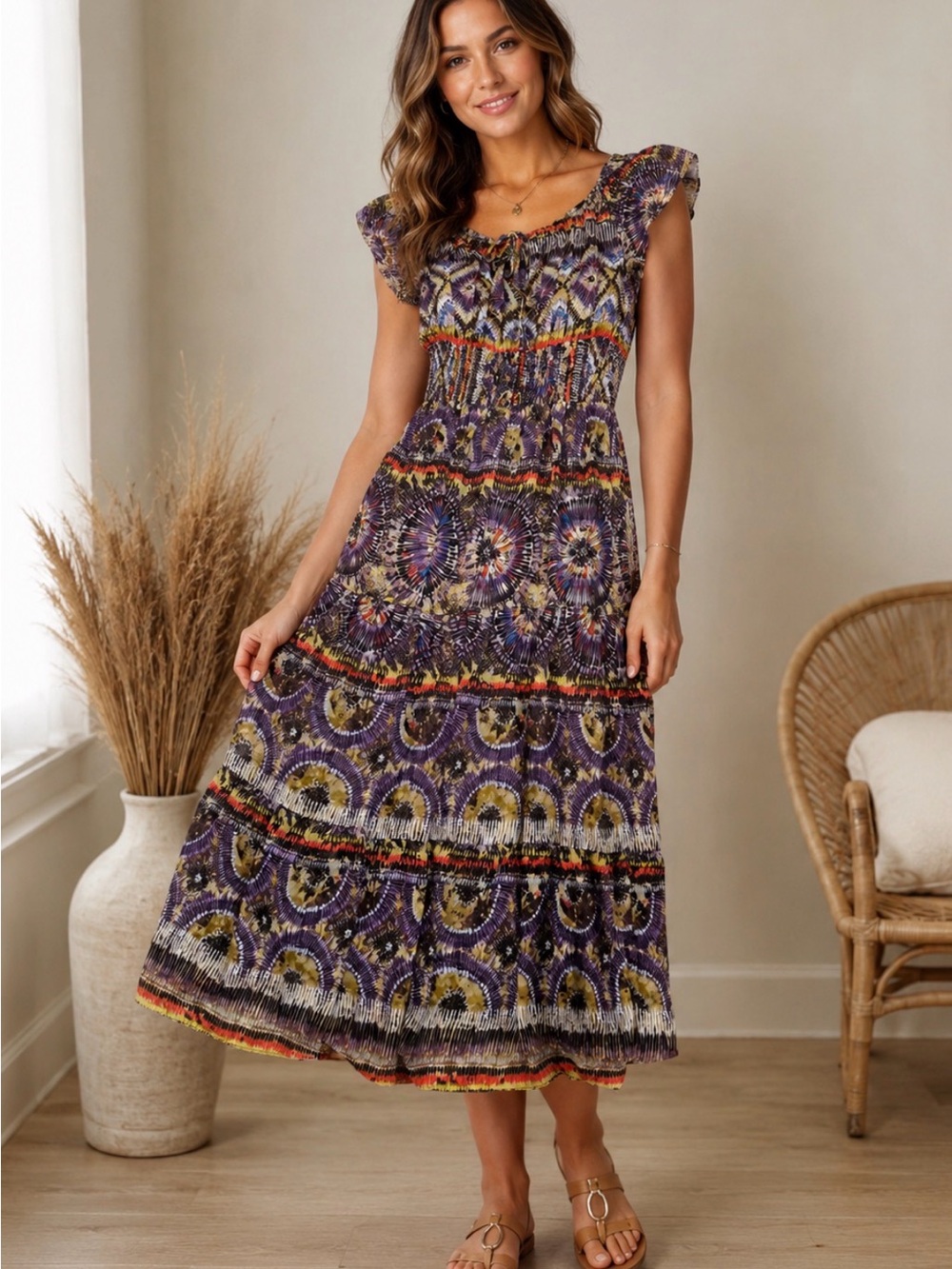 Tiana B. Purple Printed Tiered Maxi Dress with Flutter Sleeves